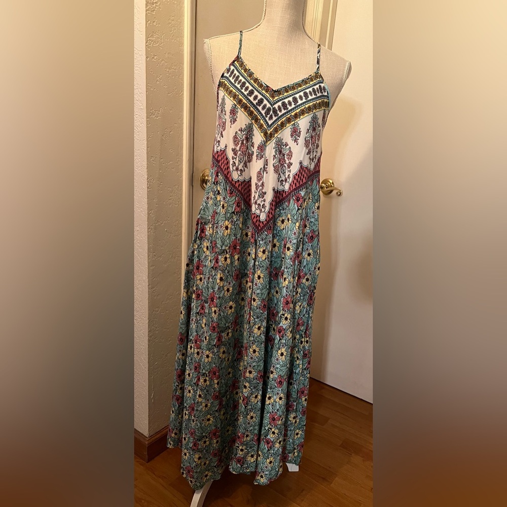 Suzanne Betro Teal & White Boho Floral Maxi Dress with Burgundy Accents